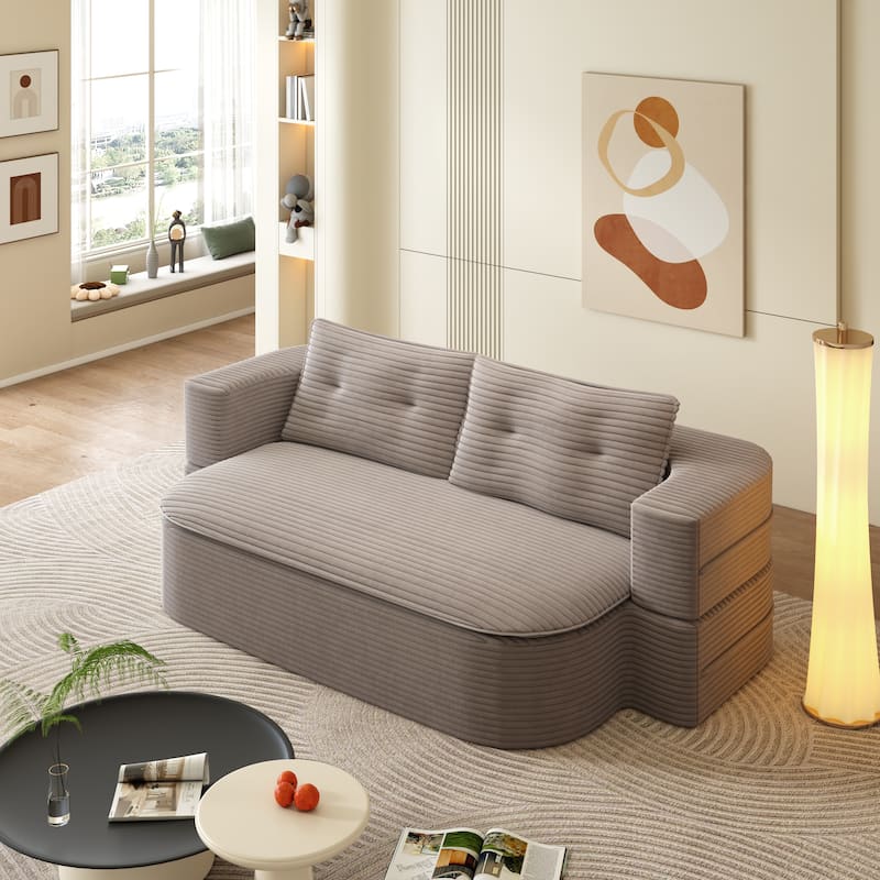 78.7" Corduroy Convertible Sofa Bed with 2 Pillows, Modern 2-in-1 Foldable Loveseat Couch, Deep Seat Floor Sleeper Sofa