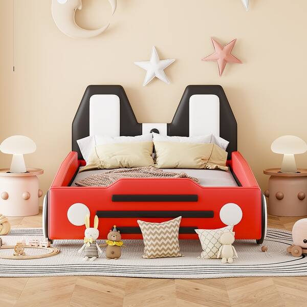 slide 2 of 9, Red Race Car-Shaped Twin Size Platform Bed with Wheels