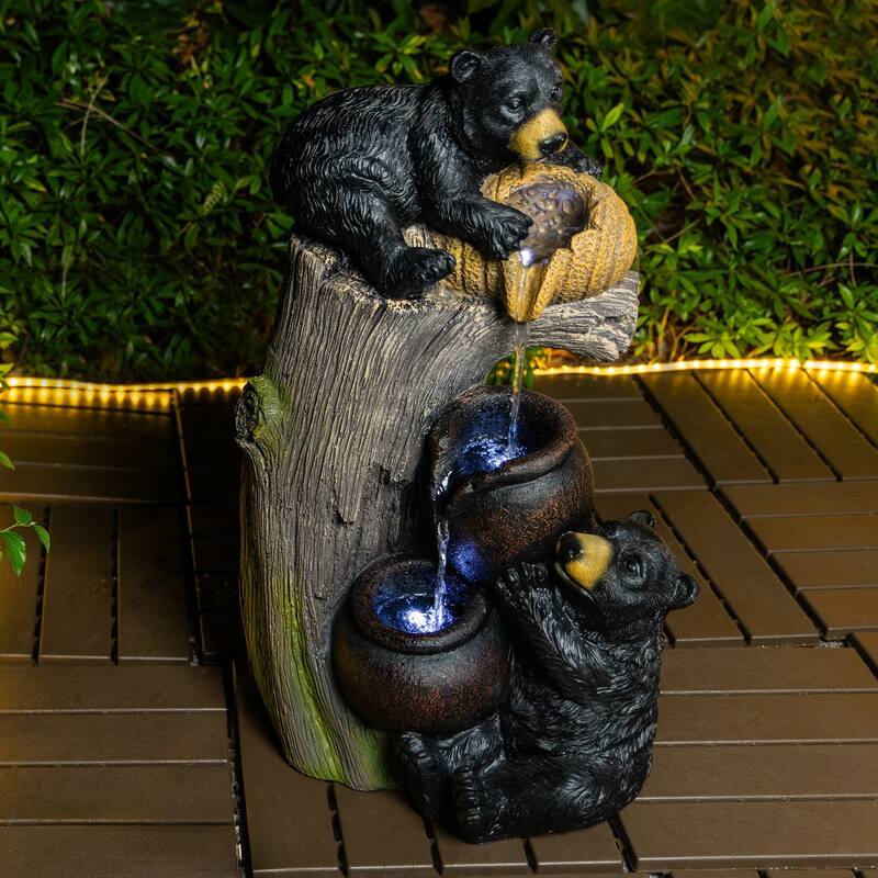 23.62 Inch Bear Outdoor Water Fountain with LED Lights Cascading Resin Garden Water Feature - N/A