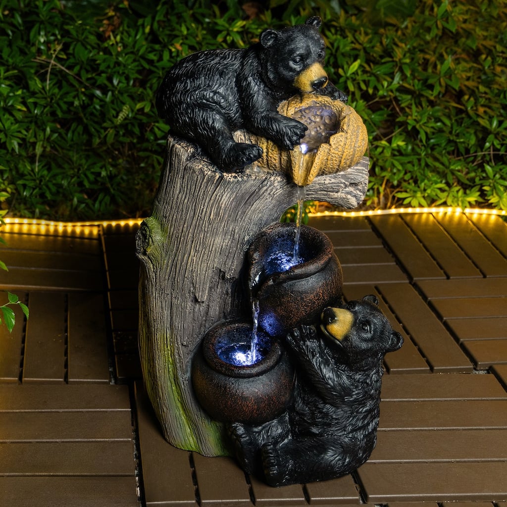 23.62 Inch Bear Outdoor Water Fountain with LED Lights Cascading Resin Garden Water Feature - N/A