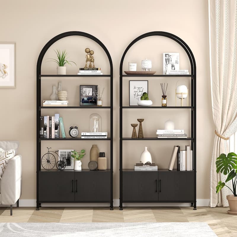 71.5 Inch Open Bookshelf with 2 Doors and 4 Shelves, Tall Standing Bookshelves Metal Frame Storage