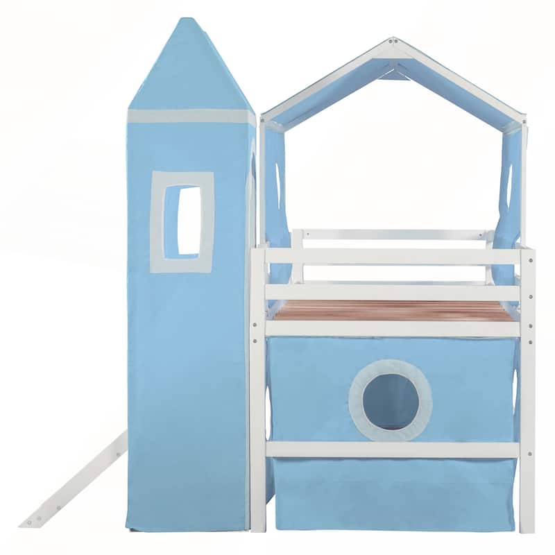 Twin Size Loft Bed with Slide Tent and Tower