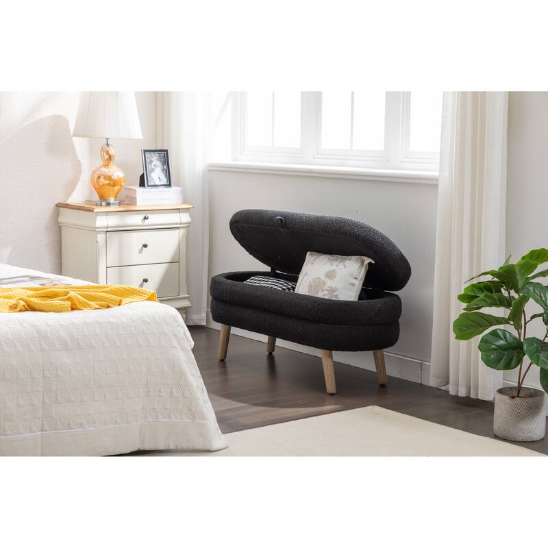 Bedroom Storage Bench, Velvet Oval Upholstered End of Bed Bench with Wood Legs, Modern Storage Ottoman Bench for Entryway