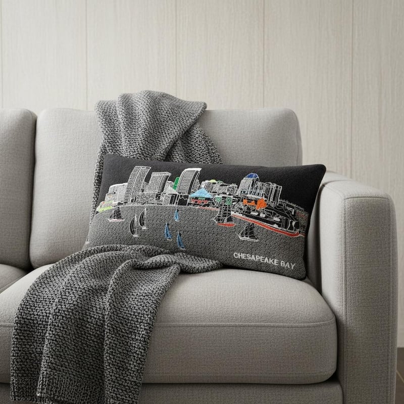 HomeRoots 14" X 24" Dark Gray And White Baltimore Nighttime Skyline Lumbar Decorative Pillow