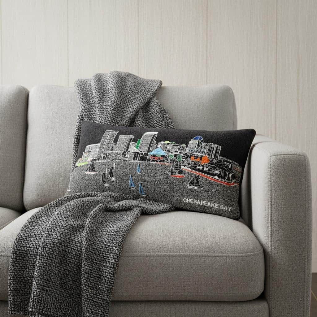 HomeRoots 14" X 24" Dark Gray And White Baltimore Nighttime Skyline Lumbar Decorative Pillow