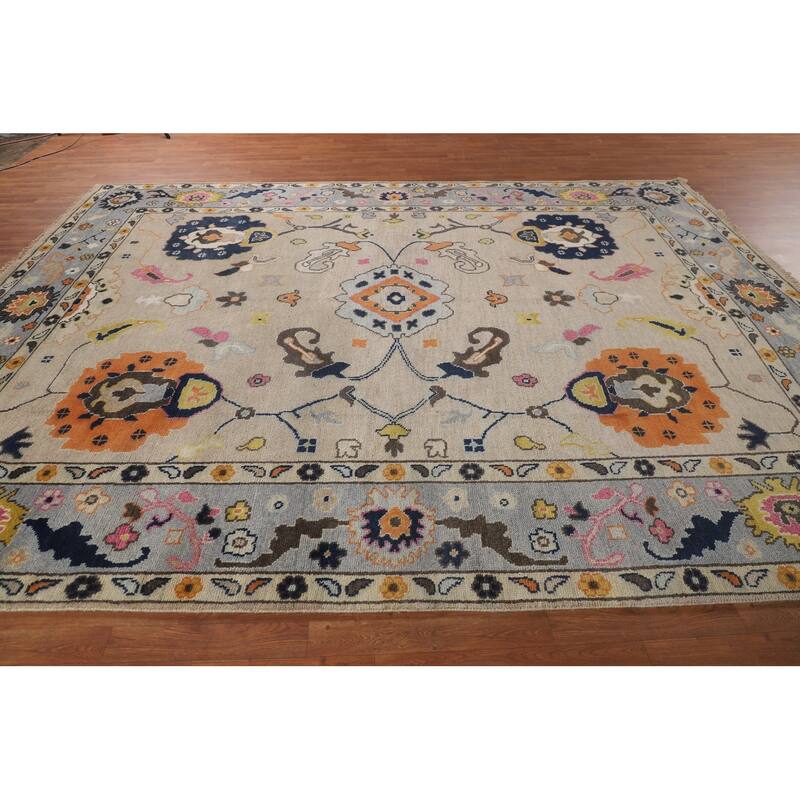 All-Over Floral Beige Oushak Oriental Area Rug Handmade Wool Carpet - 9'1" X 11'9"