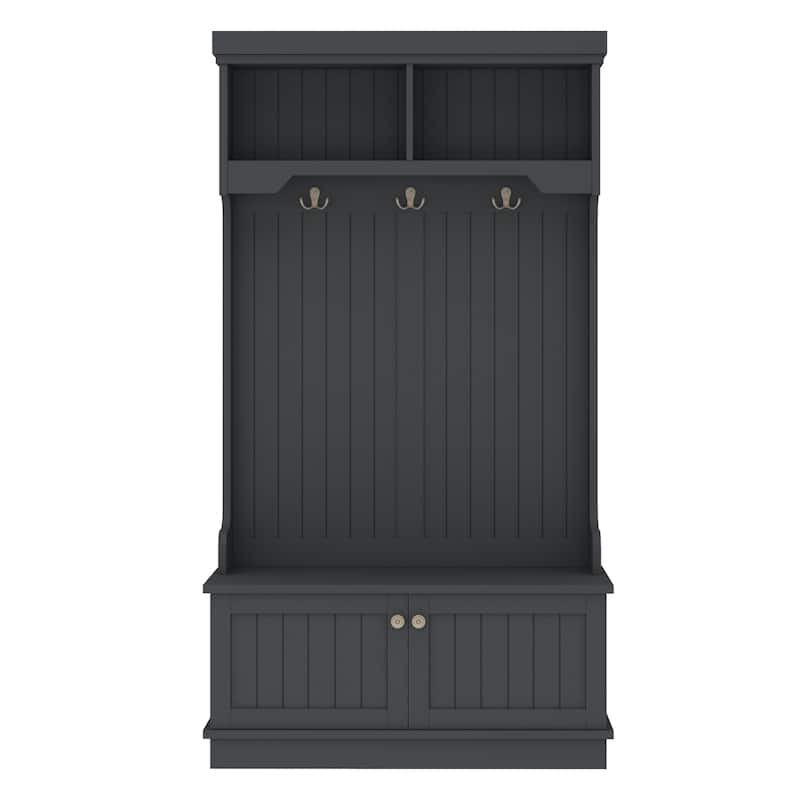 GDFStudio - Cherry Hall Tree with Shoe Bench, Coat Hooks and Display Shelves - 4-in-1 Entryway Organizer