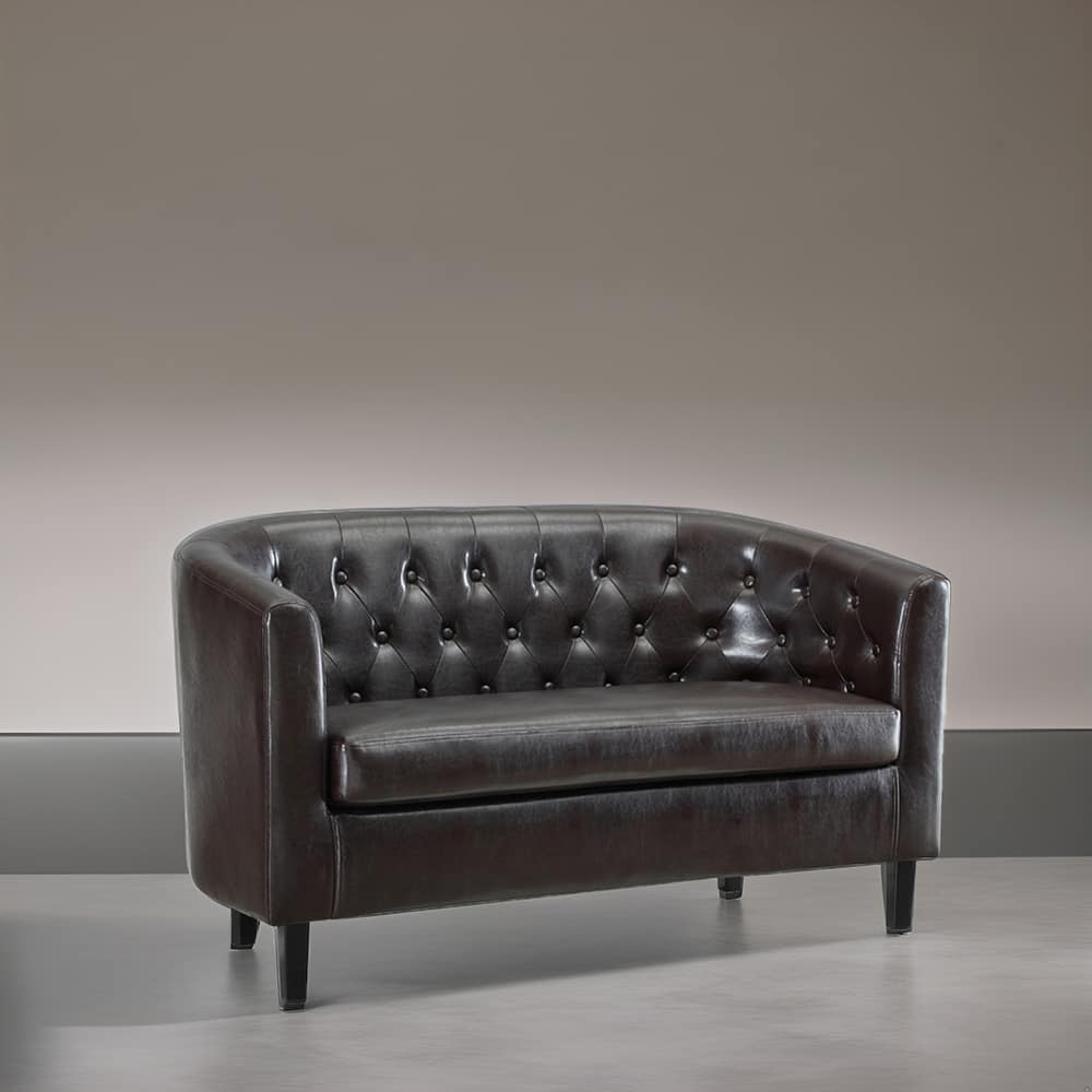 Faux Leather Button Tufted Barrel Loveseat, Mid-Century 2-Seater Sofa