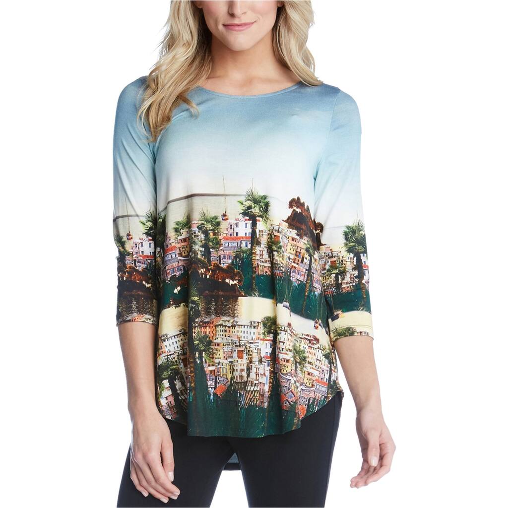 Karen Kane Womens Scenic Print High Low Hem Basic T-Shirt,, Multicoloured, X-Small