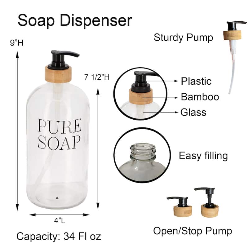 Glass and Bamboo Soap Dispenser PURE SOAP 17 or 34 FL OZ - Clear