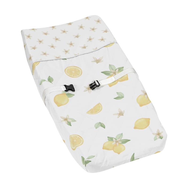 Lemon Floral Girl Changing Pad Cover - Yellow Green White Watercolor Boho Bohemian Farmhouse Fruit Flower Blossom Botanical Leaf