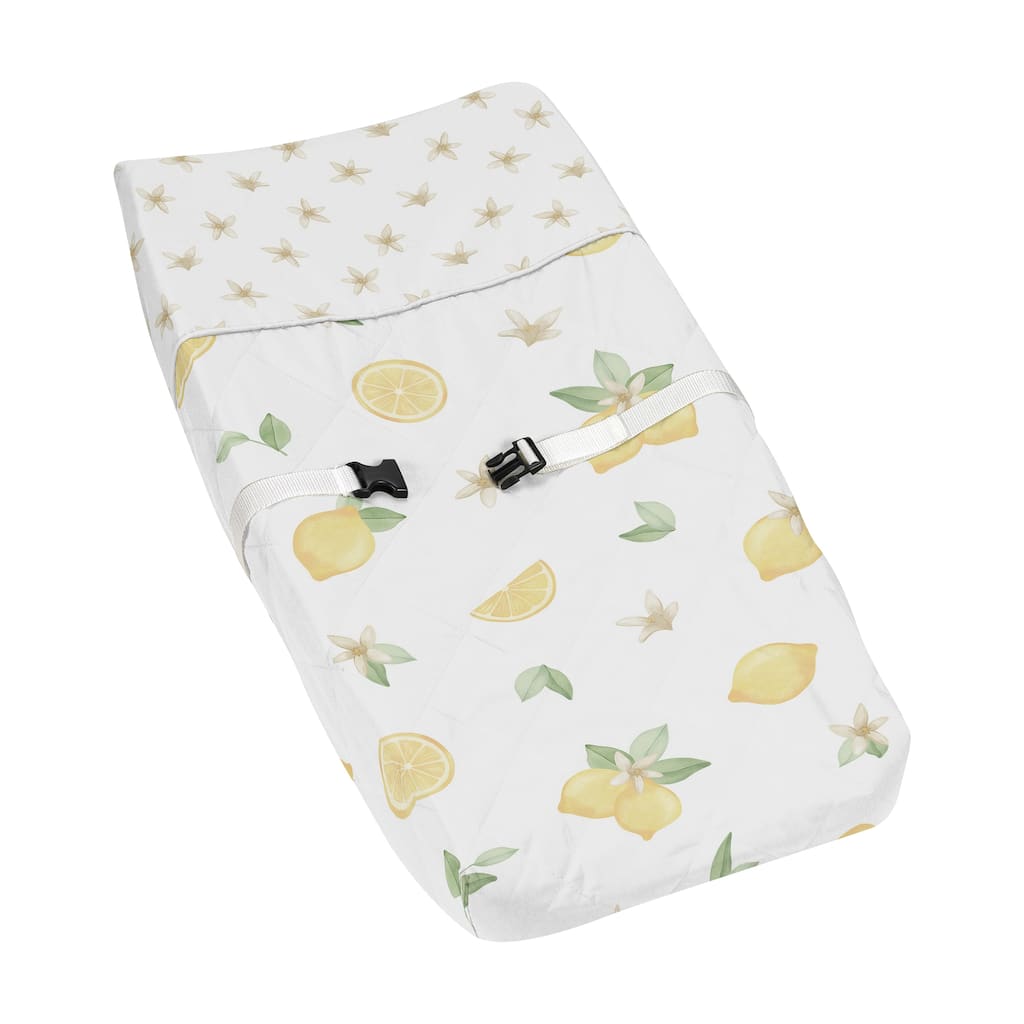 Lemon Floral Girl Changing Pad Cover - Yellow Green White Watercolor Boho Bohemian Farmhouse Fruit Flower Blossom Botanical Leaf