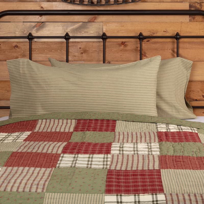 Prairie Winds Green Ticking Stripe Pillow Case Set - King - Khaki/Sage Green