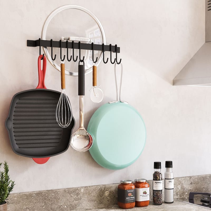 Wallniture Casto 17" Pot Rack with 10 Hooks, Steel Utensil Holder, Black