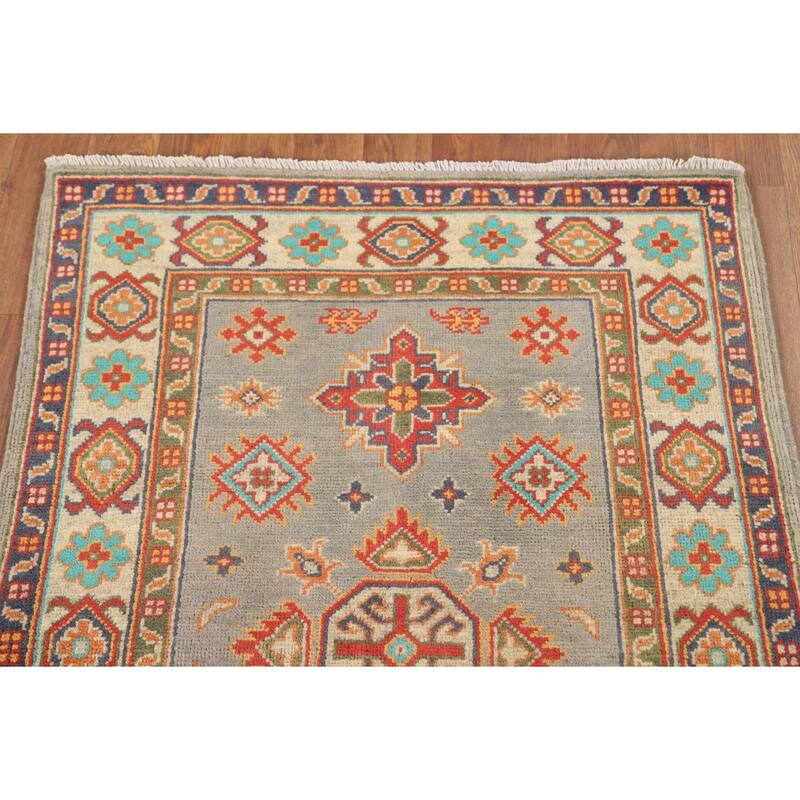 Geometric Kazak Foyer Rug Handmade Grey Wool Carpet - 2'8" x 4'0"