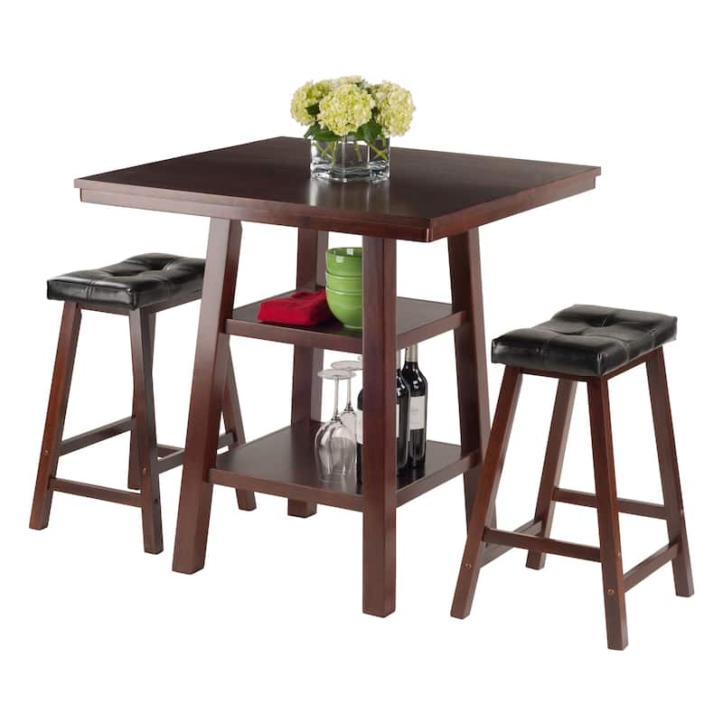 3 Rich Walnut High Table with Shelves Cushion Saddle Seat Stools 36"