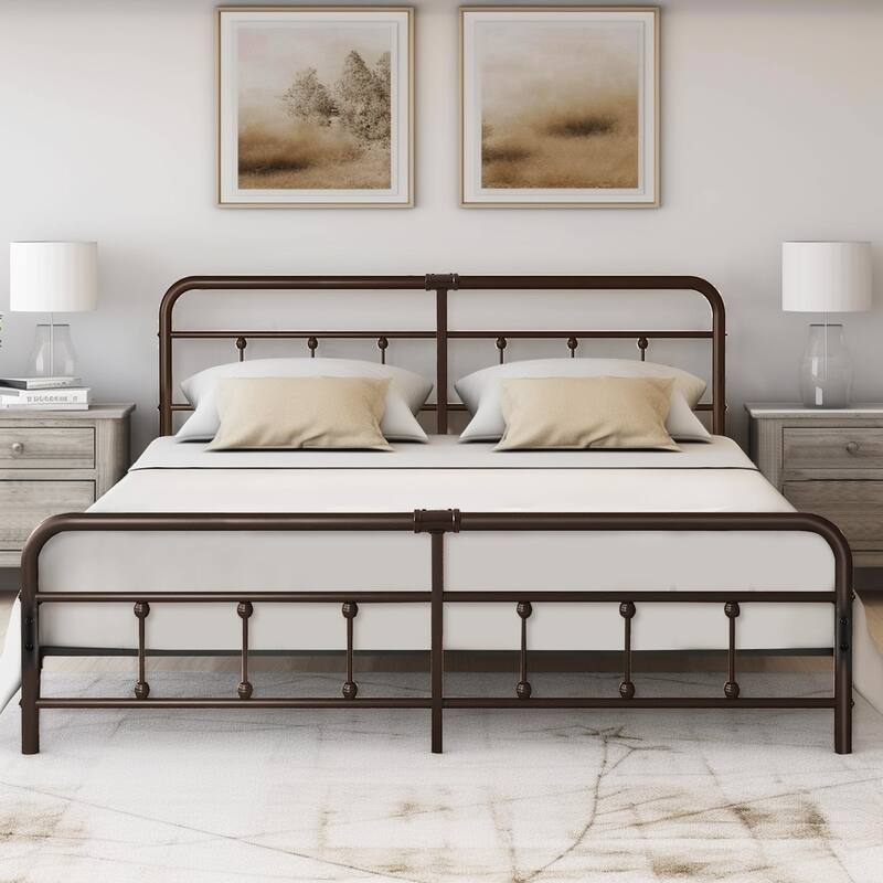 VECELO Metal Bed Frame with Headboard Classic Metal Platform Bed Frame Mattress Foundation with Victorian Style Footboard - Bronze Purple - King