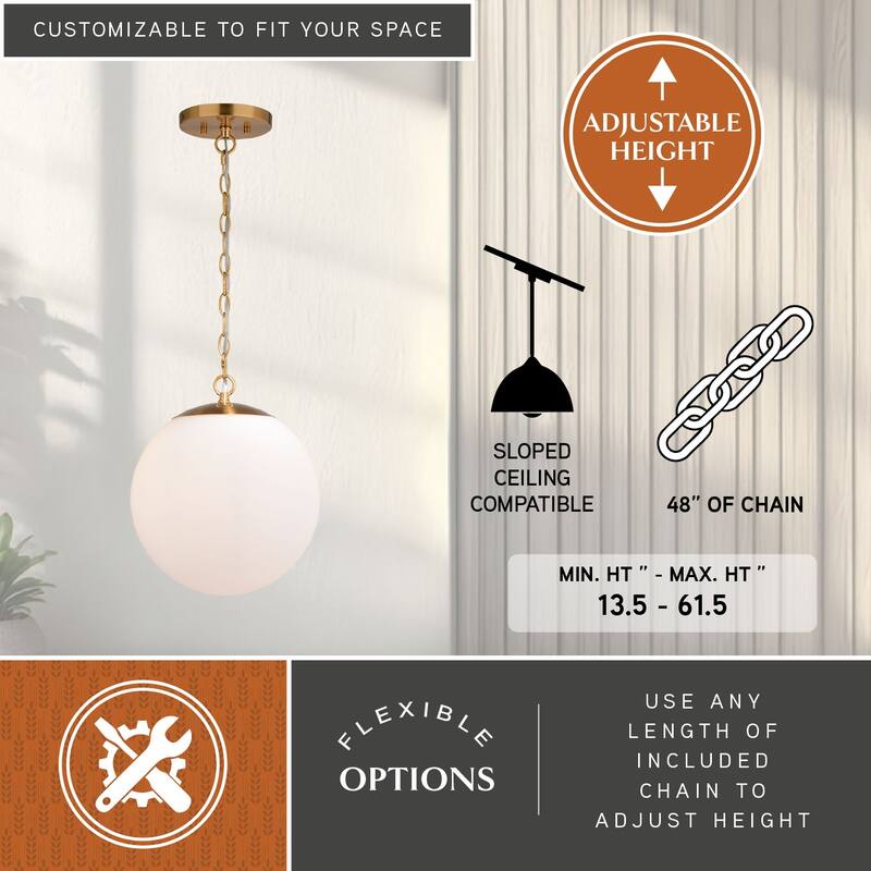 Linden 1L Gold Brass Mid-Century Modern Pendant Light White Globe Glass - 12-in W x 13.5-in H x 12-in D