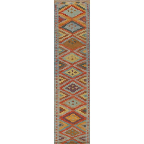 Geometric Kilim Runner Rug Hand-Woven Oriental Wool Carpet - 2'8"x 14'8"