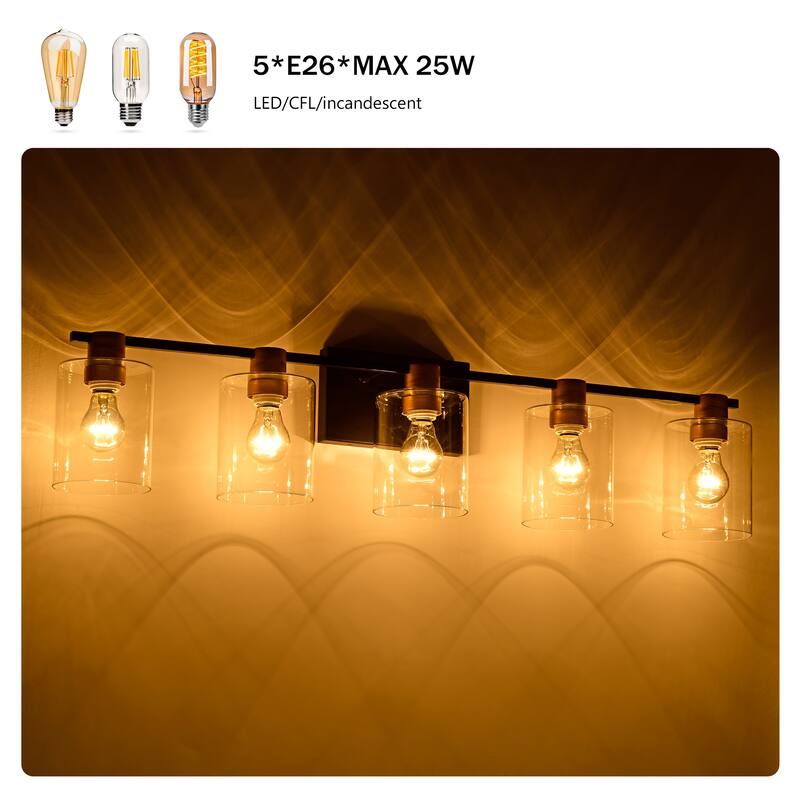 5-Light Matte Black Modern Vanity Lights with Glass Shade, Vintage Light Fixture Bathroom for Kitchen Dining Room
