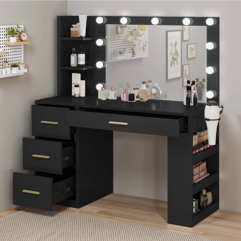 Moasis 39.5"W Bedroom Makeup Vanity Desk with Mirror and Power Outlets&Hairdryer Holder - Black