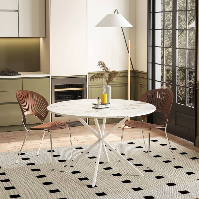 47.24" Modern Cross Leg Round Dining Table, White Marble Top Occasional Table