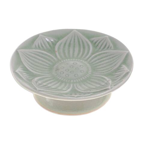 Novica Handmade Lanna Lotus Celadon Ceramic Footed Plate