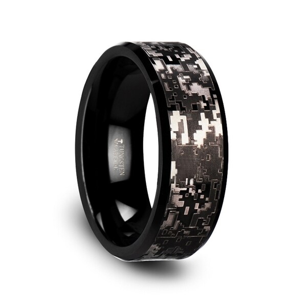 Thorsten Black Tungsten Carbide Wedding Ring With Engraved Digital Camouflage 8mm Smokescreen Thorsten Black Tungsten Carbide Wedding Ring With Engraved Digital Camouflage 8mm Smokescreen