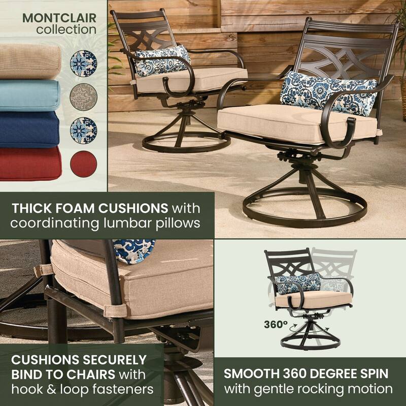 Hanover Montclair 11-Piece Dining Set in Tan with 10 Swivel Rockers, 60-In. x 84-In. Table, 11-Ft. Umbrella and Umbrella Stand