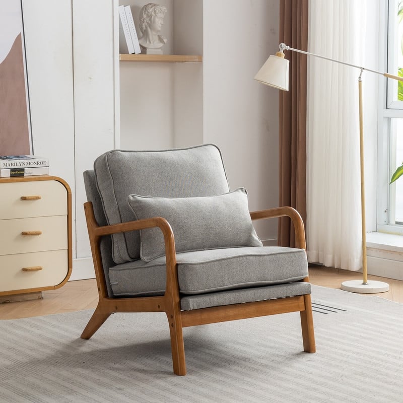 SEYNAR Mid Century Boucle Uplostered Soild Wood Accent Armchair with Pillow - Light Grey