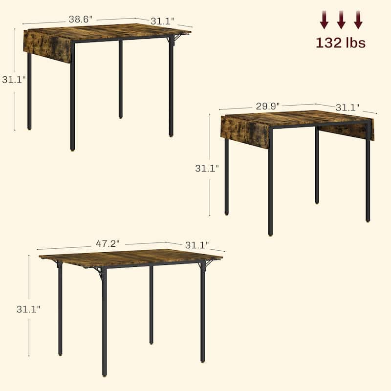 Drop Leaf Dining Table Foldable MDF Top Metal Frame Seats 2 to 4 Compact Space Saving