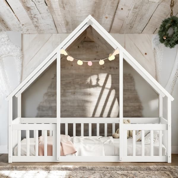slide 2 of 12, Twin Floor House Bed with Fence,Guardrails,Kids Bed Design White