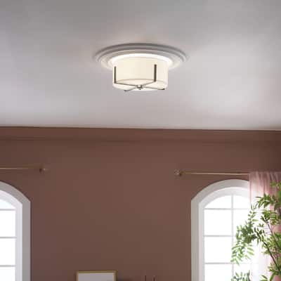 Kichler Lighting Malen 15.5 in. 2-Light Classic Pewter Flush Mount Light with White Fabric Shade