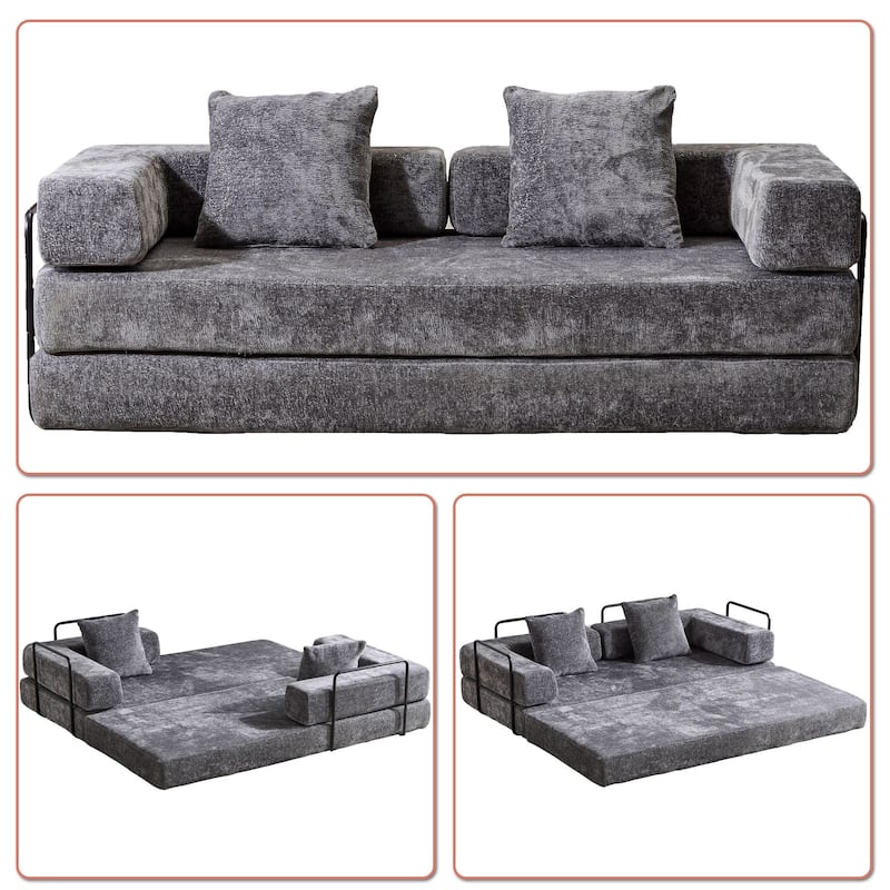 Modern Minimalist Compressed Upholstered Convertible Two-Seater Sofa Bed with External Metal Frame