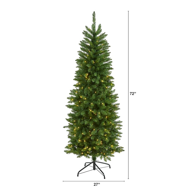 6’ Pre-Lit Green Slim Mountain Pine Artificial Christmas Tree, Warm Clear LED Lights - 6 Foot