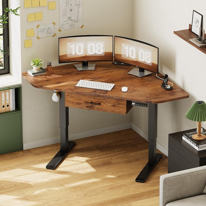 Small Corner Desk Triangle Computer Desk Corner Electric Standing Desk -  Rustic Brown