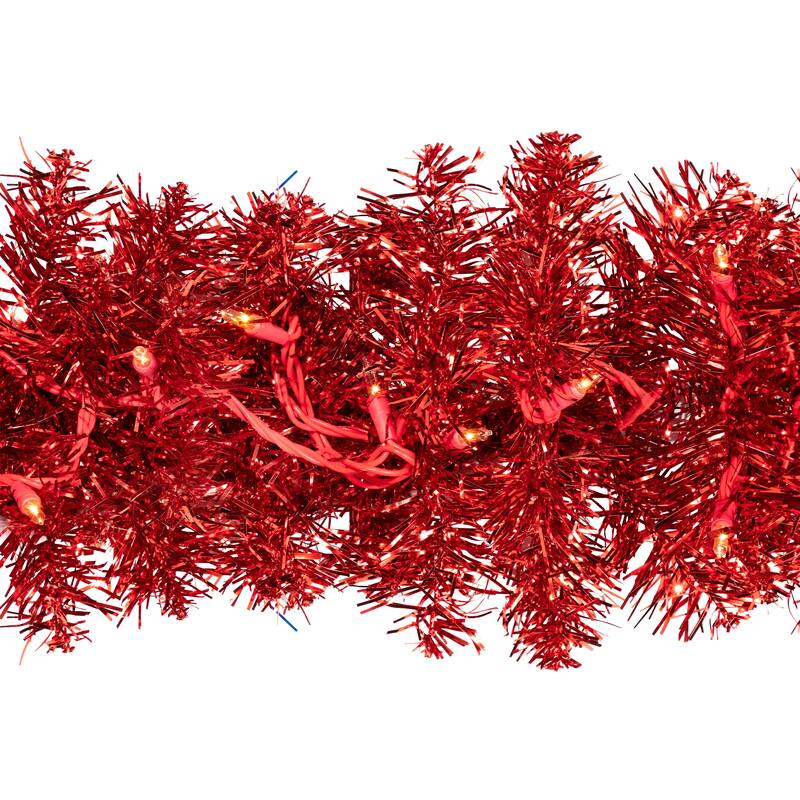 Pre-Lit Tinsel Artificial Christmas Garland - 9' x 8" - Red - Clear Lights