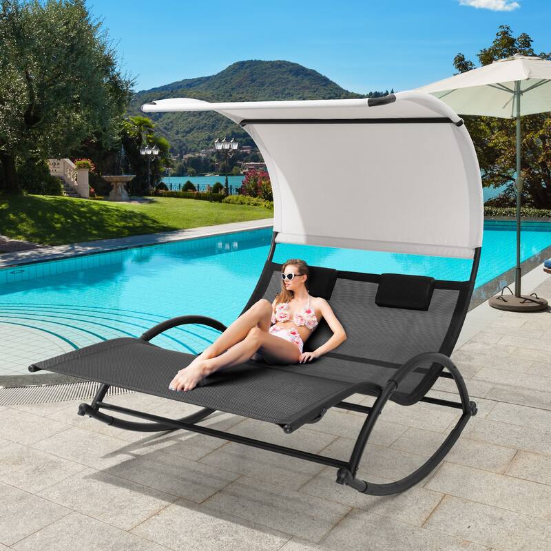 Outdoor Patio Double Chaise Lounge Chair - Black-Swing Capable Design