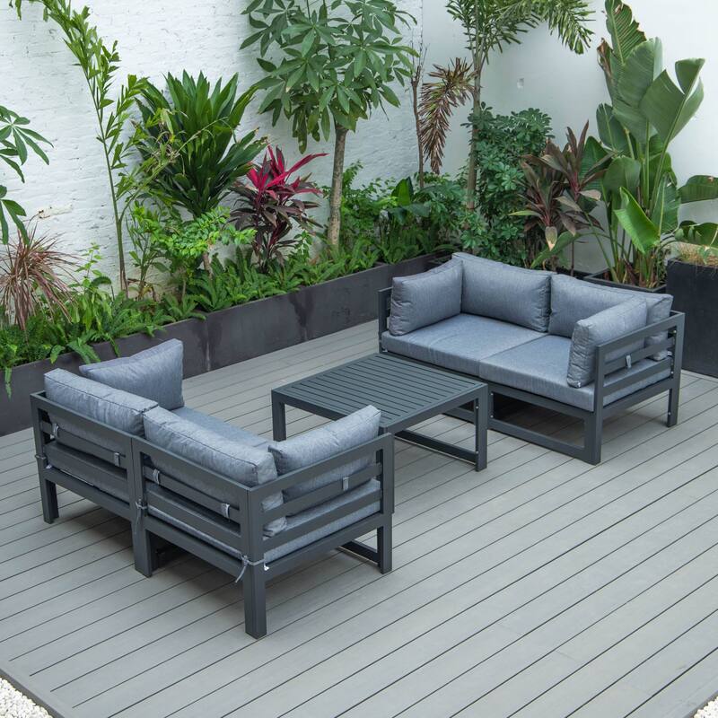 LeisureMod Chelsea 5-Piece Outdoor Patio Sectional and Coffee Table Set with Cushions - Blue