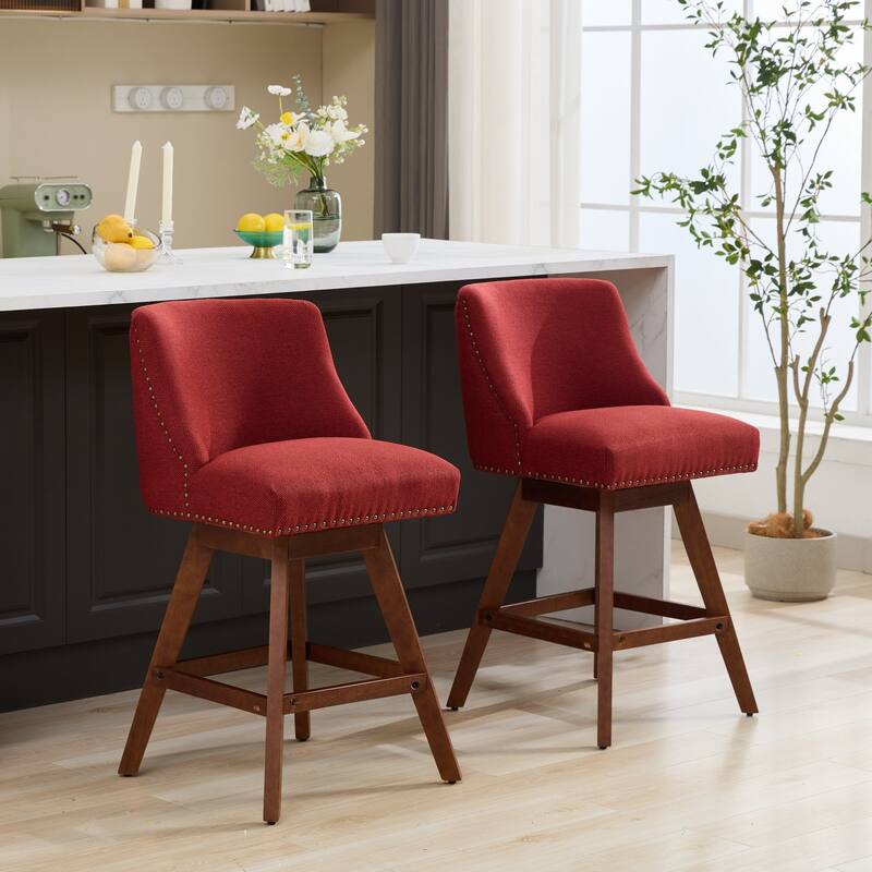 Counter Height Bar Stools Set of 2, Swivel Bar Stools with Curved Back, Upholstered Dining Chairs with Solid Wood Legs