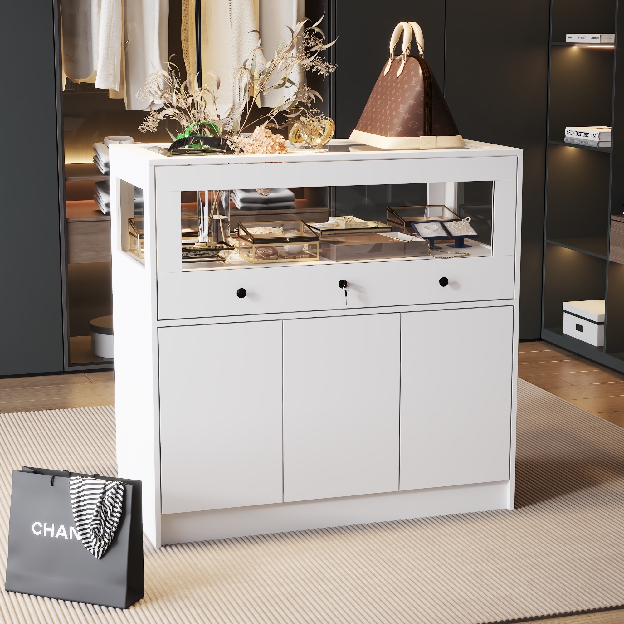 White Display and Storage Cabinet with Tempered Glass Home and Office 39.4