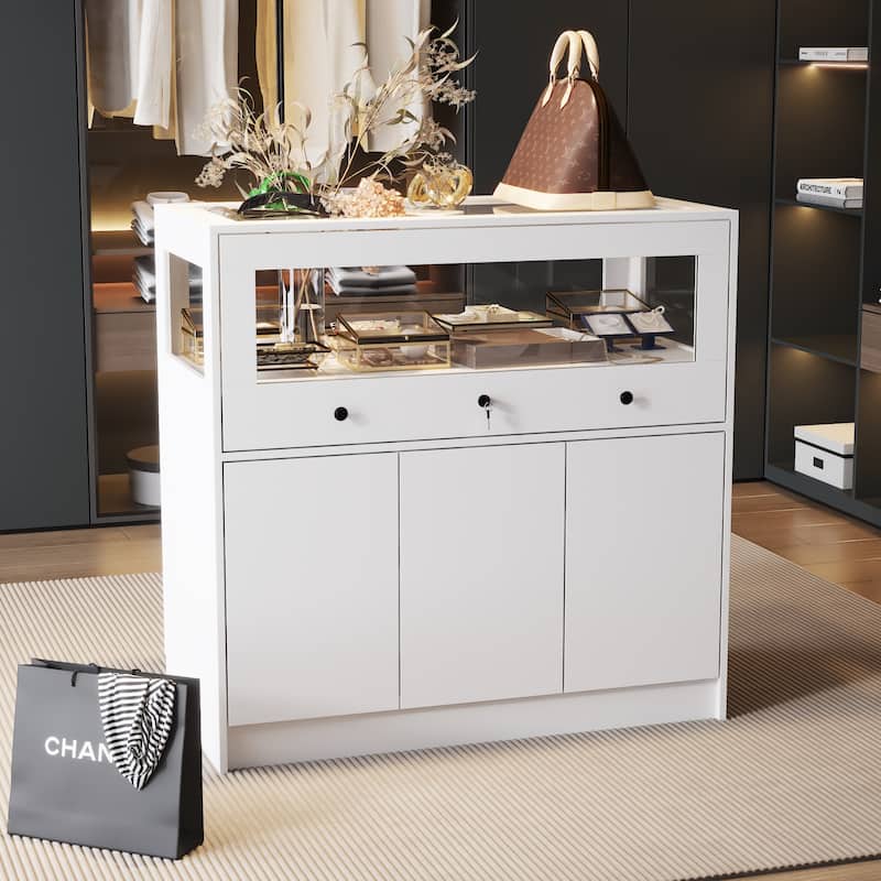 White Display and Storage Cabinet with Tempered Glass Home and Office - 39.4"