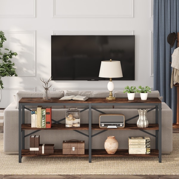 console table behind couch with storage