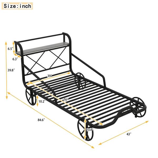 dimension image slide 0 of 2, Twin Size Metal Car Bed with Four Wheels, Guardrails and X-Shaped Frame Shelf