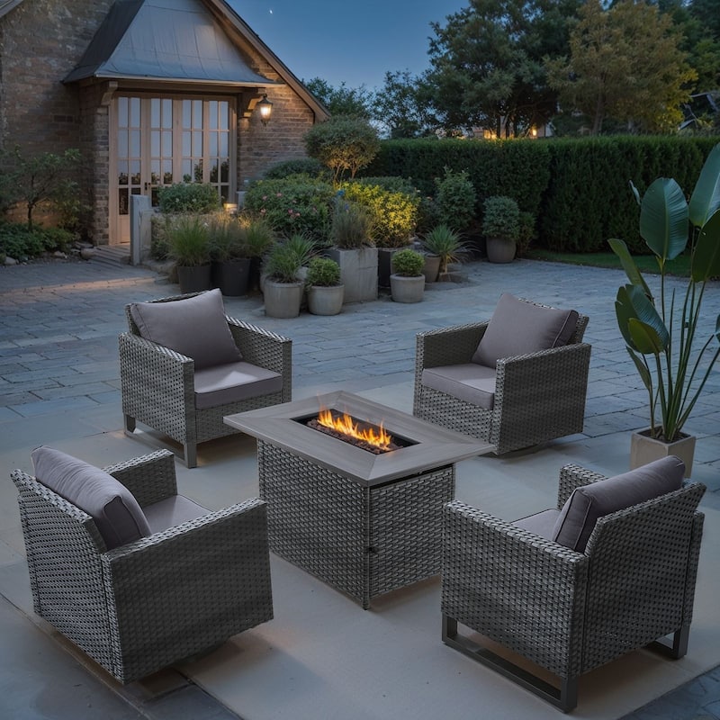 Outdoor Fire Pit Table with Patio Funiture - Grey Wicker Grey Cushion - 5PCS Chair w/ Fire Table
