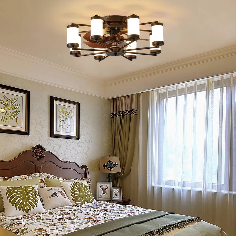 Modern Ceiling Fan Light with 5 Blades and Remote Control, Cylindrical Fixture for Bedroom and Living Room - Coffee