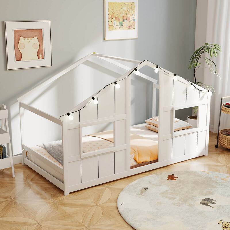 Costway Twin Size House Floor Bed with LED Lights Solid Wood Bed Frame
