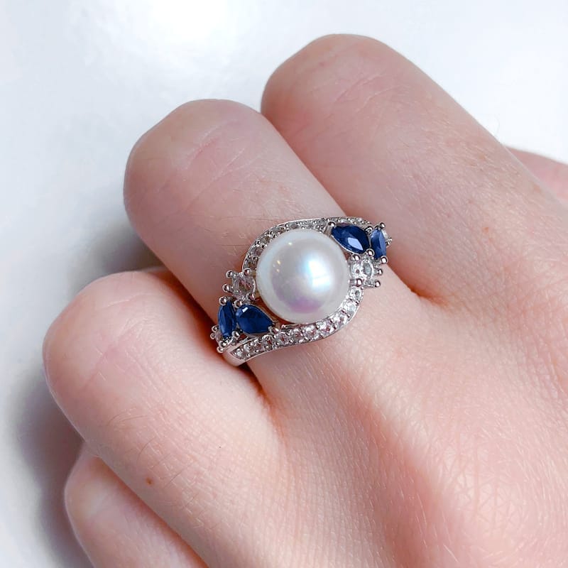 Miadora 10k White Gold Cultured FW Pearl with Created Blue & White Sapphire Pearl Ring (8-8.5mm)