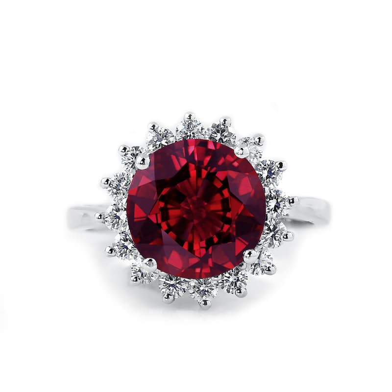 Auriya 5 3/8ct Round Red Ruby Sunburst Halo Diamond Ring 5/8ctw 18K Gold