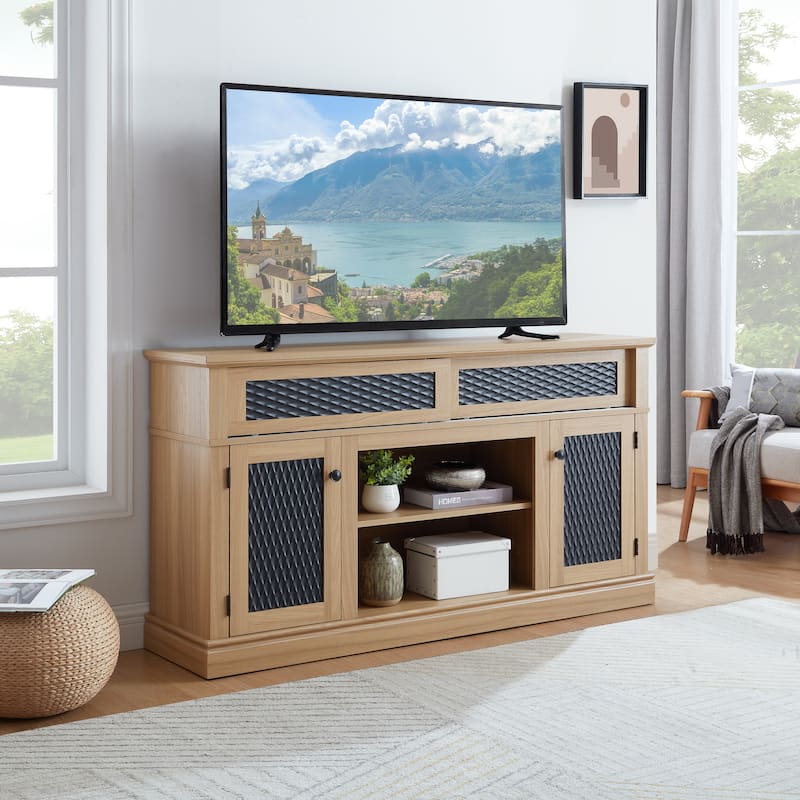 2 Door Embossed Pattern TV Stand with Open Storage Shelf and Sliding Door, Entertainment Center for TVs up to 65''